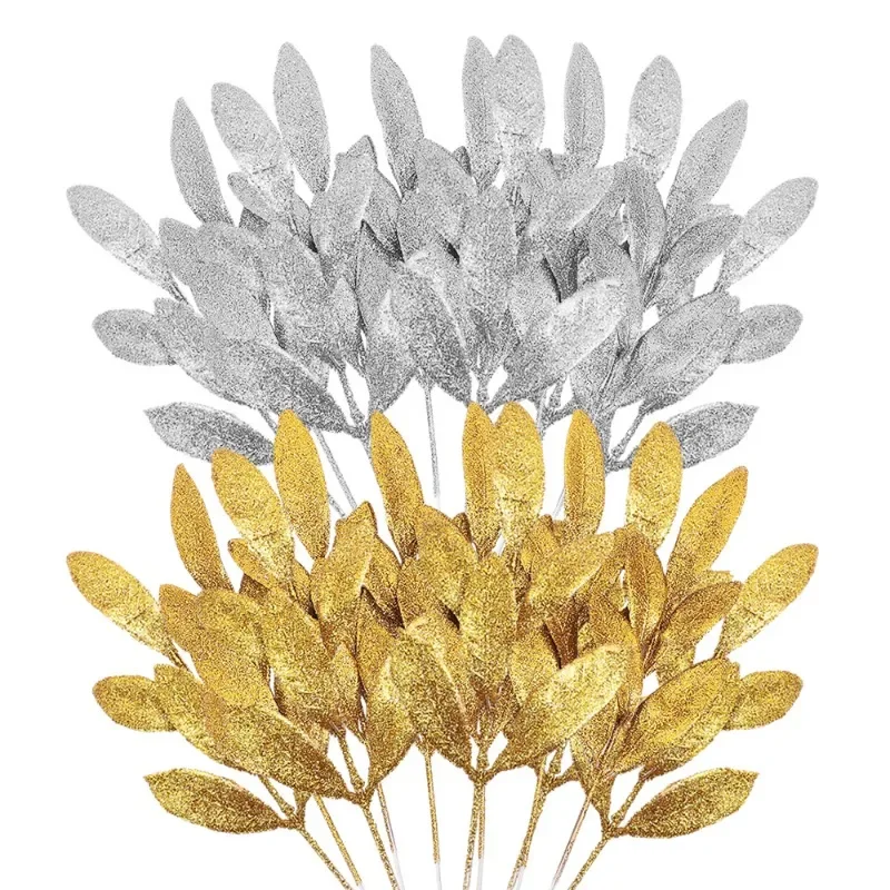 Christmas Wreath Fake - 10pcs Glitter Artificial Leaf Stem, Simulated