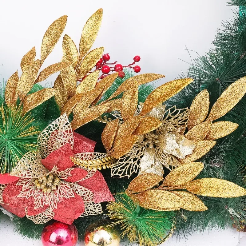 10pcs Glitter Artificial Leaf  - Christmas Wreath Fake review and price