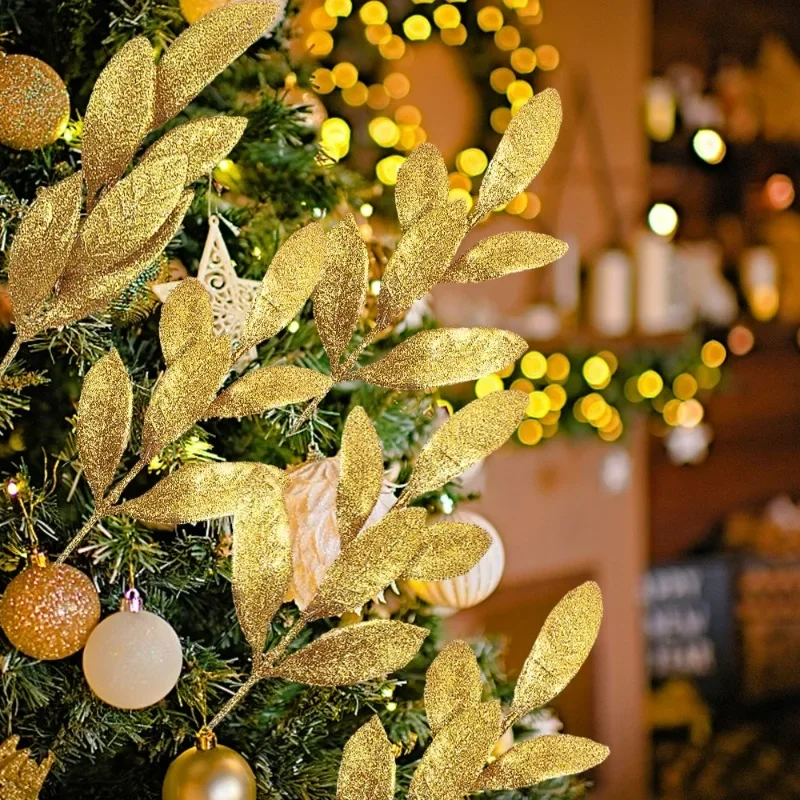 10pcs Glitter Artificial Leaf  - Christmas Wreath Fake review and price